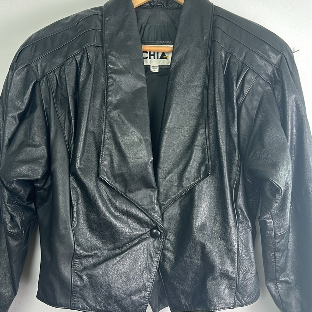 Womens Vintage 80’s Chia Soft Leather Moto Jacket Large Lined Black Coat Glamour - Picture 5 of 16